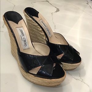Jimmy Choo Espadrille Wedge Sandal Black Patent 